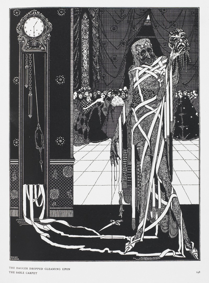 "The dagger dropped gleaming upon the sable carpet". From Tales of Mystery and Imagination ... Illustrated by Harry Clarke, by Edgar Allan Poe. London : G. G. Harrap & Co., 1919. (British Library item 12703.i.43). Illustrating The Masque of the Red Death.