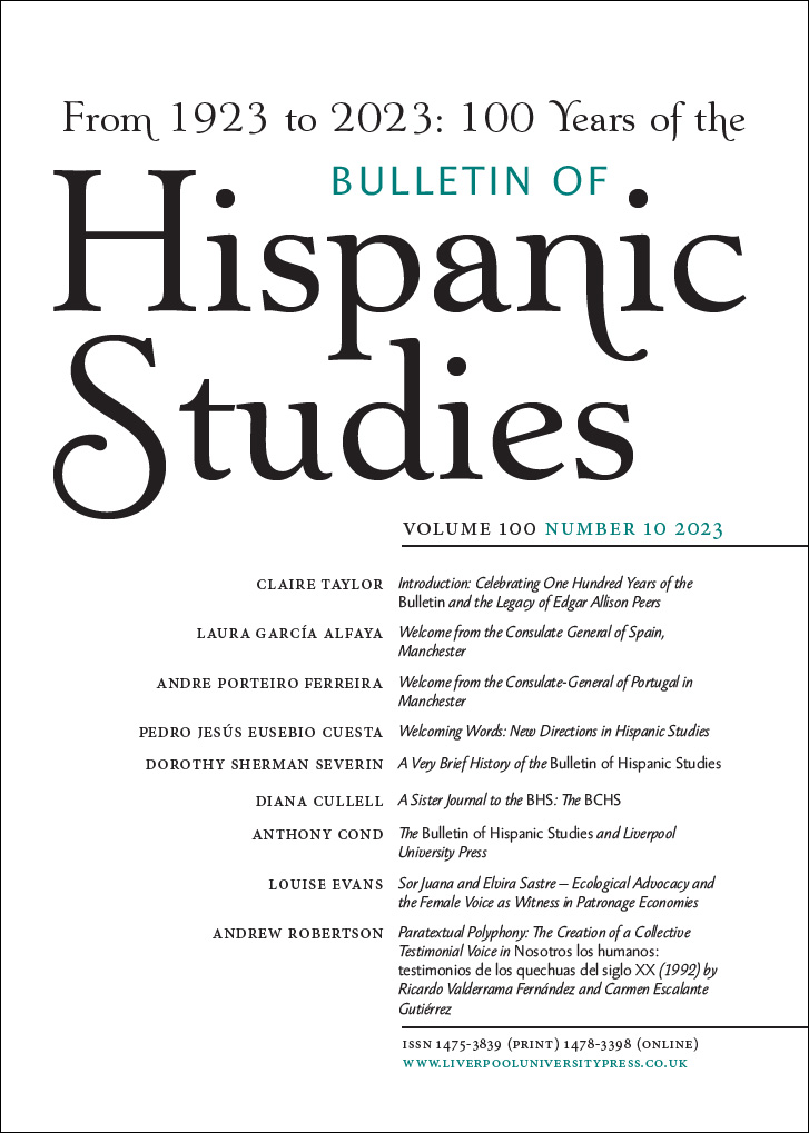 Journal cover for the Bulletin of Hispanic Studies. 

From 1923 to 2023, 100 years of the Bulletin of Hispanic Studies. 

White background with black curling writing with the journal's title. List of contents for the issue. 