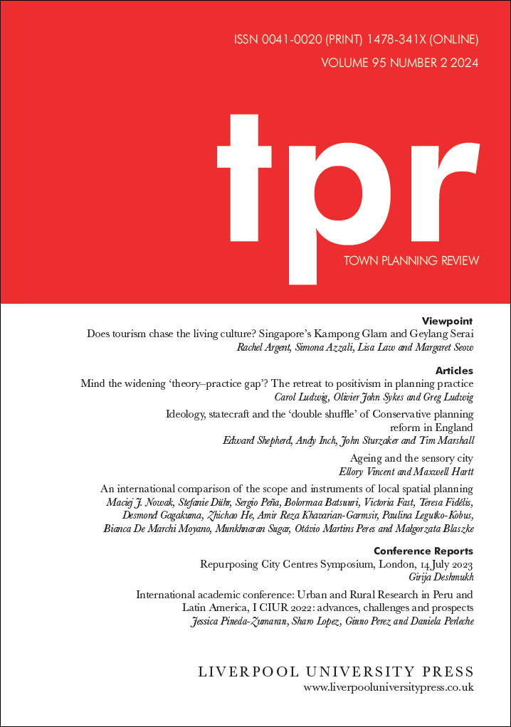 Town Planning Review journal cover. Bright red background at the top of the cover with block white text reading TPR. White background underneath with a list of article within the issue.